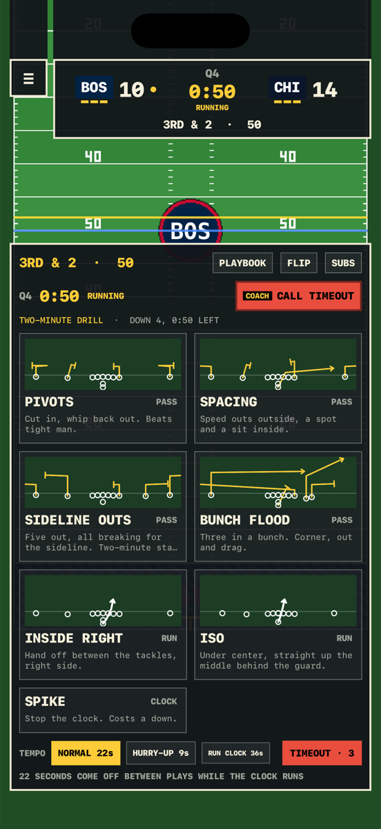 Choosing a play from six cards in a two-minute drill